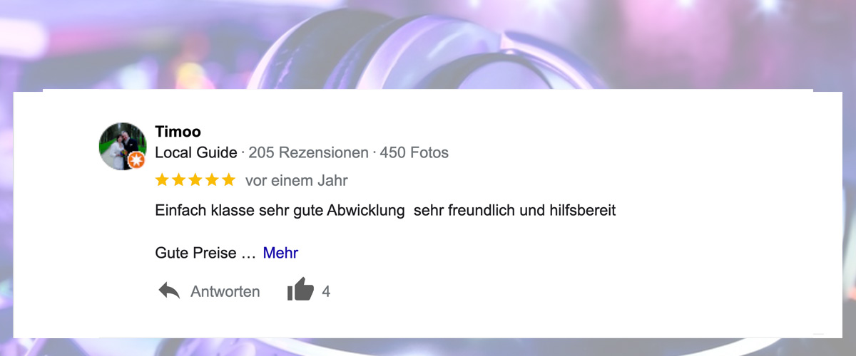 Bild zeigt eine positive Googlebewertung von eines zufriedenen Kunden von DJ Thommy.